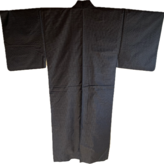 Antique kimono japonais homme - Soie noire Tsumugi -Points Bleu marine.