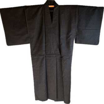 Antique kimono japonais homme - Soie noire Tsumugi -Points Bleu marine.1