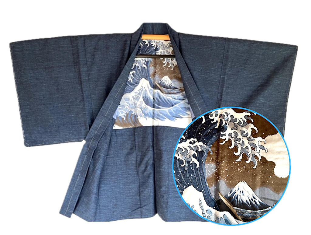 Haori Homme soie bleu tsumugi -La vague japonaise Hokusai