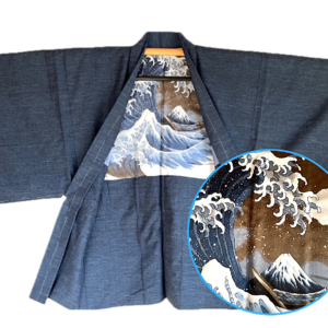 Haori Homme soie bleu tsumugi -La vague japonaise Hokusai