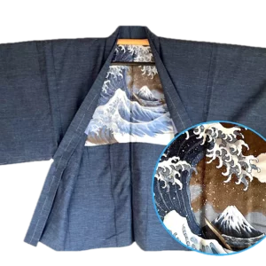 Haori Homme soie bleu tsumugi -La vague japonaise Hokusai