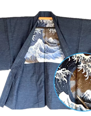 Haori Homme soie bleu tsumugi -La vague japonaise Hokusai