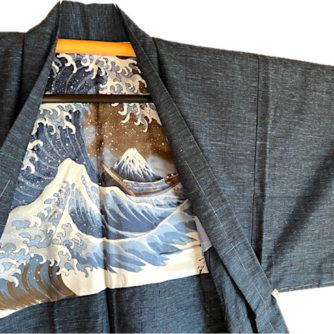 Antique Haori soie Tsumugi La vague japonaise Nami Hokusai13