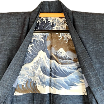 Antique Haori soie Tsumugi La vague japonaise Nami Hokusai14