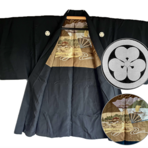 Haori Japonais Homme en Soie Noire Katabami Montsuki – Temple Kyomizudera & Château Himeji