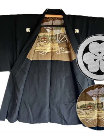 Haori Japonais Homme en Soie Noire Katabami Montsuki - Temple Kyomizudera & Château Himeji