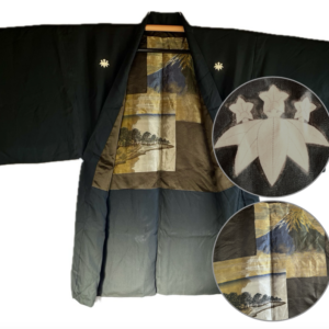 Haori Homme antique soie noire Kiri montsuki Vue du Mont Fuji