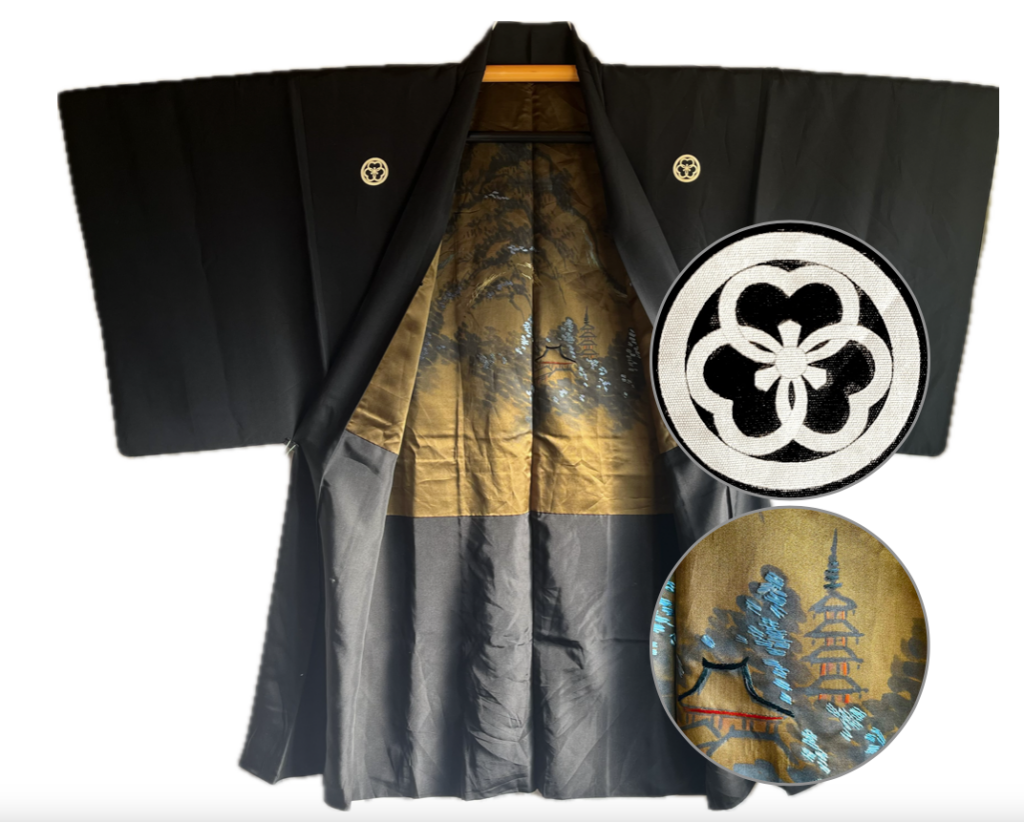 Haori Homme Antique - Soie Noire - Katabami Montsuki - Temple Hōryūji Nara