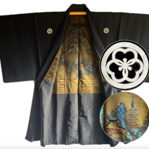 Haori Homme Antique – Soie Noire – Katabami Montsuki – Temple Hōryūji Nara