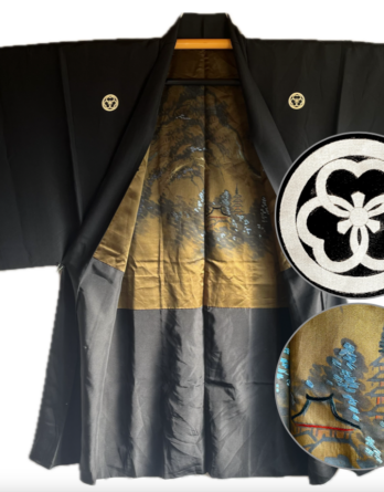 Haori Homme Antique - Soie Noire - Katabami Montsuki - Temple Hōryūji Nara