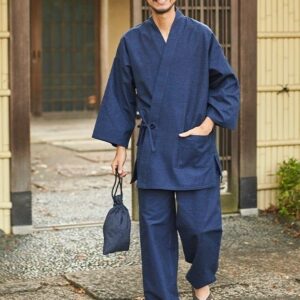 Samue japonais en coton supérieur bleu marine & gris Kurume « Made in Japan »