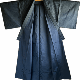 Ensemble Kimono & Haori Japonais Homme Soie bleu Tsumugi Hokusai La grande vague japonaise2