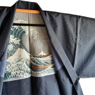 Ensemble Kimono & Haori Japonais Homme Soie bleu Tsumugi Hokusai La grande vague japonaise4 - Grande