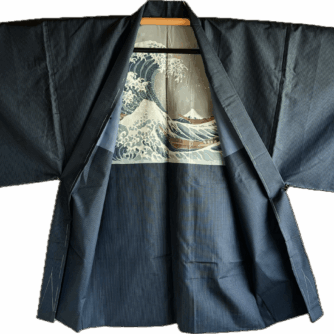 Ensemble Kimono & Haori Japonais Homme Soie bleu Tsumugi Hokusai La grande vague japonaise5