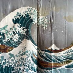 Ensemble kimono & haori japonais homme soie bleu tsumugi Hokusai « La vague japonaise » + OBI OFFERT