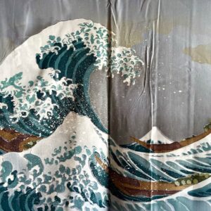 Ensemble kimono & haori japonais homme soie bleu tsumugi Hokusai « La vague japonaise » + OBI OFFERT