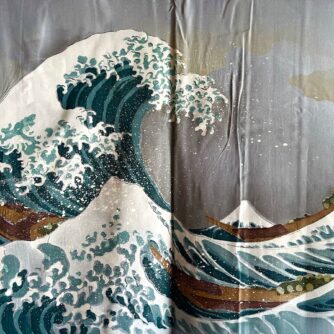 Ensemble Kimono & Haori Japonais Homme Soie bleu Tsumugi Hokusai La grande vague japonaise6 - Grande