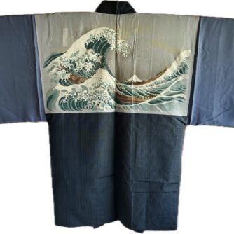 Ensemble Kimono & Haori Japonais Homme Soie bleu Tsumugi Hokusai La grande vague japonaise7 - Grande