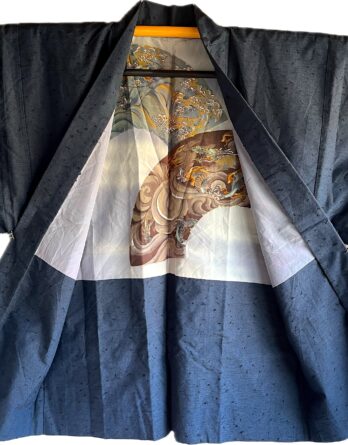 Haori Homme Antique Soie Sauvage Bleue « Duel de Dragons » Fabrication artisanale au Japon