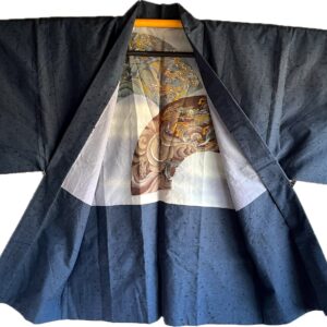 Haori Homme Antique Soie Sauvage Bleue « Duel de Dragons » Fabrication artisanale au Japon