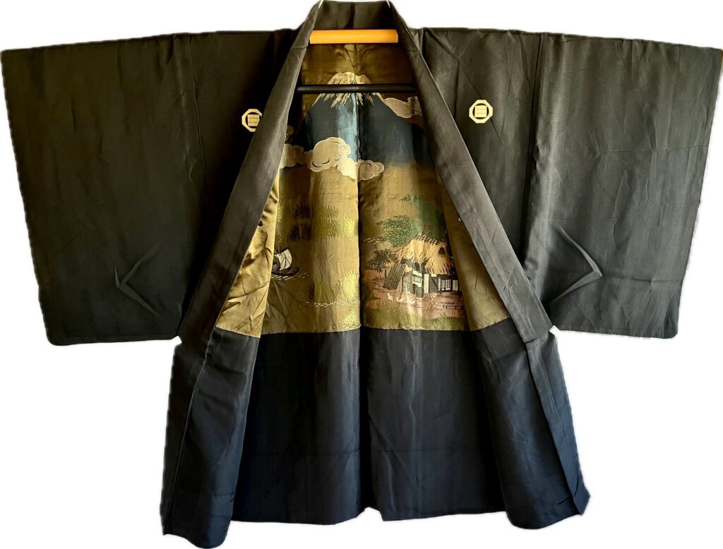 Haori Japonais Homme Soie Noire Sumikiri-kaku ni Mitsugi Montsuki Fuji-san & Kayabuki
