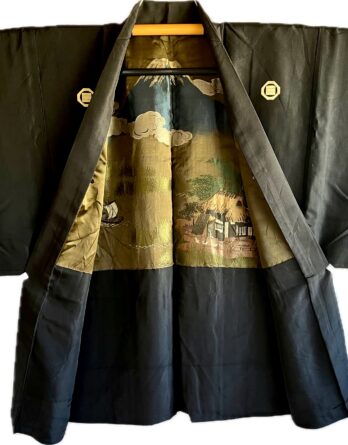 Haori Japonais Homme Soie Noire Sumikiri-kaku ni Mitsugi Montsuki Fuji-san & Kayabuki