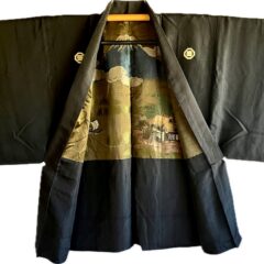 Haori Japonais Homme Soie Noire Sumikiri-kaku ni Mitsugi Montsuki Fuji-san & Kayabuki