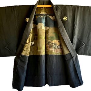 Haori Japonais Homme Soie Noire Sumikiri-kaku ni Mitsugi Montsuki Fuji-san & Kayabuki