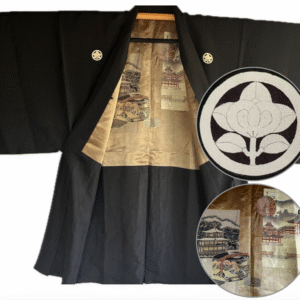 Haori Japonais Homme Soie Noire Tachibana Montsuki Kinkakuji et Jinja Kyoto