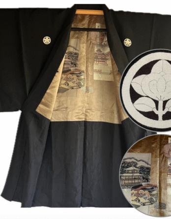 Haori Japonais Homme Soie Noire Tachibana Montsuki Kinkakuji et Jinja Kyoto