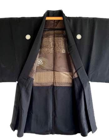 Haori Japonais Homme Vintage en Soie Noire Montsuki Botan Kuyō