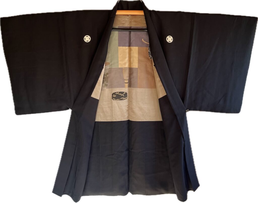 Haori japonais homme soie noire Takanohane Montsuki Cérémonie du Thé (Sadō)