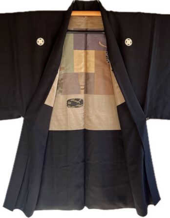 Haori japonais homme soie noire Takanohane Montsuki Cérémonie du Thé (Sadō)